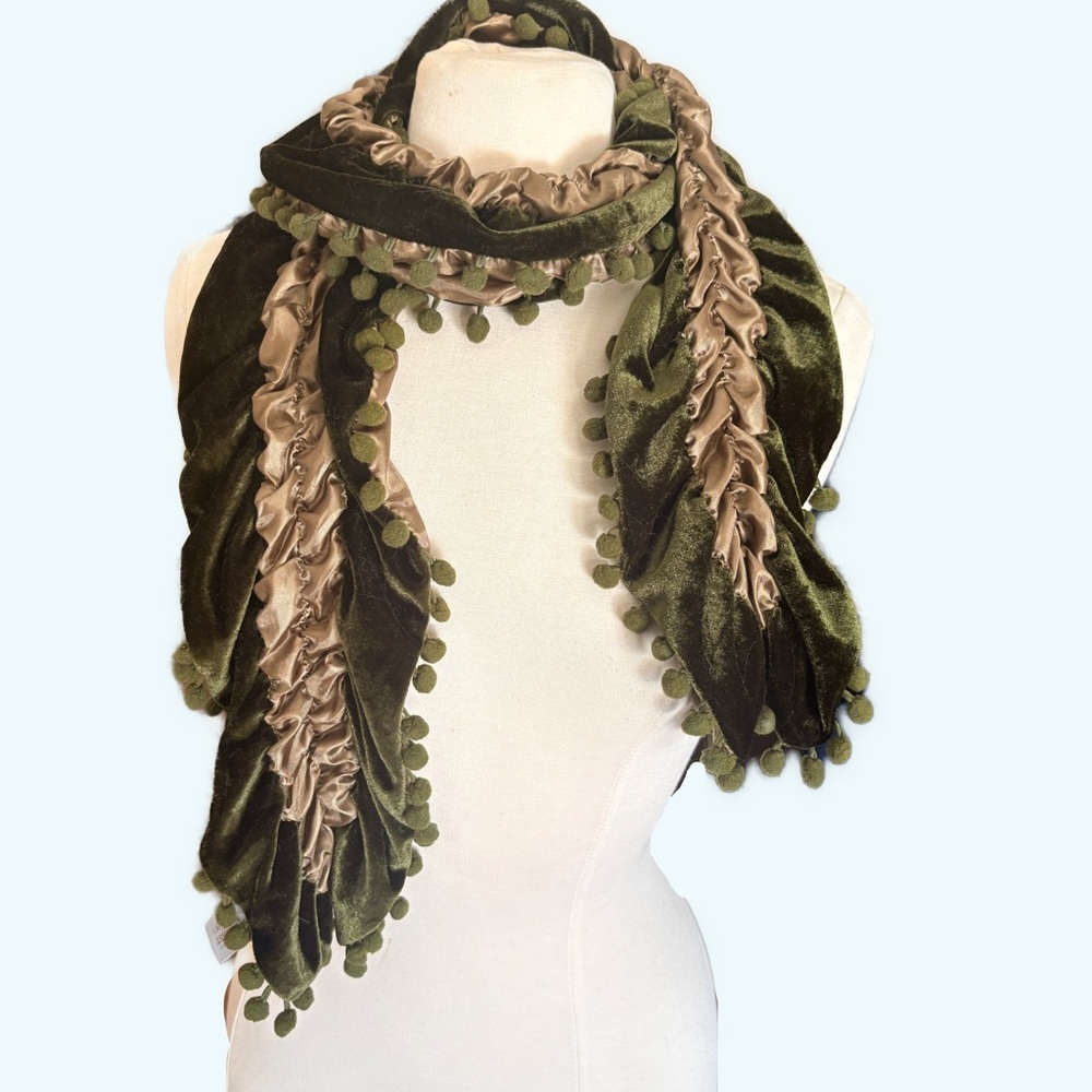 DownEast Olive and Tan Scarf with Pom-Pom Detail